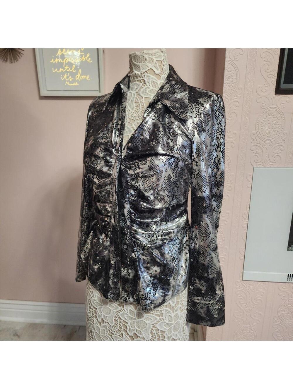 NWOT Joseph Ribkoff black silver metallic snakeskin print blouse shiney 8